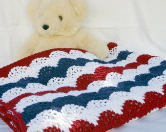 Patriotic afghan red white blue crocheted throw summer lap burgundy navy stripes beautiful lacy arches coverlet handmade washable