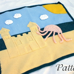 Summer afghan PDF crochet PATTERN blanket summer beach scene clouds ocean sea blue white yellow jellyfish wall hanging rug sun warm season image 1