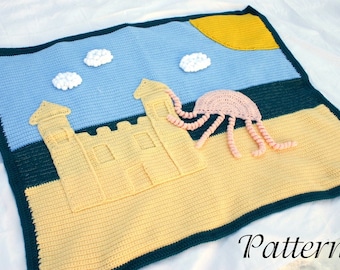 Été afghan PDF crochet MOTIF couverture été plage scène nuages océan mer bleu blanc jaune méduse tenture murale tapis soleil saison chaude