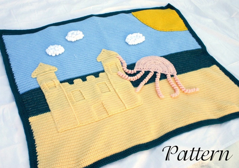 Summer afghan PDF crochet PATTERN blanket summer beach scene clouds ocean sea blue white yellow jellyfish wall hanging rug sun warm season image 1