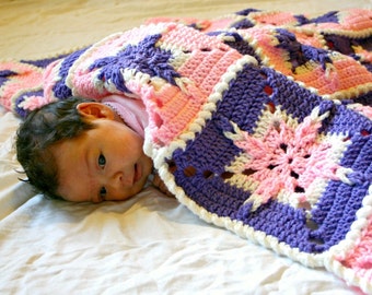 Baby girl afghan granny square blanket pink purple white crochet shower gift little home decor nursery crib blanket throw starburst