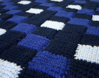 Crochet afghan throw blues navy royal blue light blue squares lap blanket stretchy home decor tunisian entrelac zigzag edge warm winter