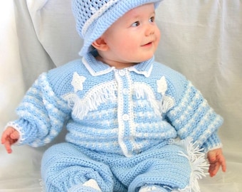 Baby cowboy layette 6 month crochet photography prop blue western hat jacket pants boots blanket afghan sweater fringe stars booties