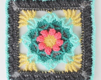 Framed Flower granny square PDF crochet PATTERN 12 inch afghan block motif circle center cables front post stitches popcorns