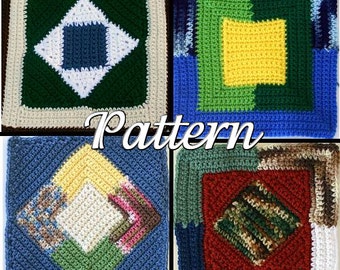 Four afghan blocks crochet PDF PATTERN granny square scrap yarn diamonds colorful motifs