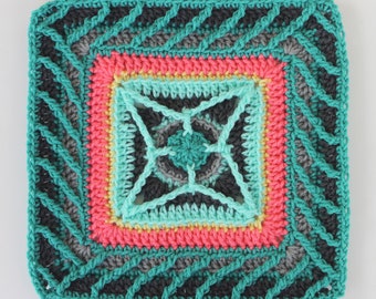 Spinning Star granny square PDF crochet PATTERN 12 inch afghan block motif circle center cables front post stitches