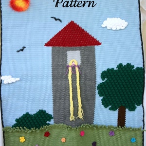 May include: A crochet blanket with a blue sky, white clouds, a red-roofed gray tower, a green tree, and a green grassy field with flowers. The tower has a window with a crocheted doll with long blonde hair looking out. The text "Pattern" is at the top of the blanket.