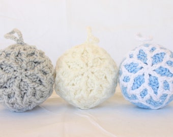 Crochet ornament set of 3 Christmas bauble grey cream white light blue ball large 3.75 inch snowflake pattern winter holiday home decor