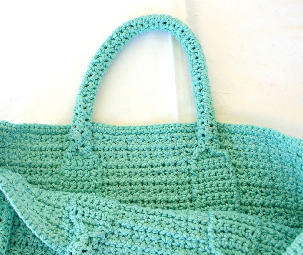 Crochet book tote turquoise bag handles blue green star stitch | Etsy