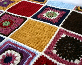 Crochet afghan granny square scrap yarn pink gold red blue white brown green navy throw blanket sampler colorful home decor bedding