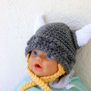 Viking baby hat PDF crochet PATTERN 6-36 month gray white yellow beanie cap horns braided Norse costume infant grey hair soft helmet image 2