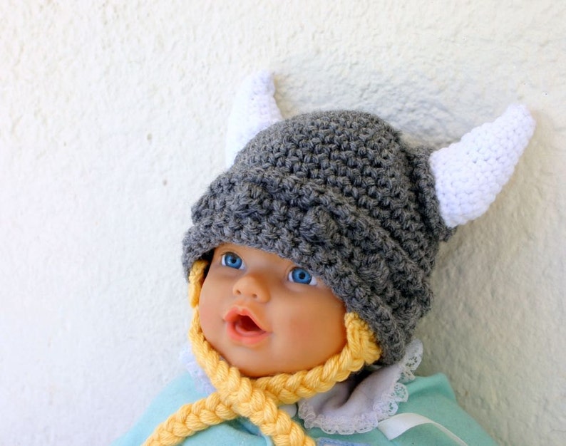 Viking baby hat PDF crochet PATTERN 6-36 month gray white yellow beanie cap horns braided Norse costume infant grey hair soft helmet image 2