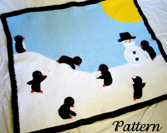 Penguin afghan PDF crochet PATTERN winter scene throw blanket critter bird snow sun snowman blue black white yellow playful cute home decor