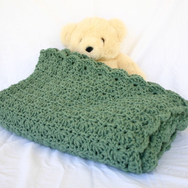 Crochet afghan green lap blanket couch throw thyme sage shell pattern thick home decor sage bedding solid grass color double stranded