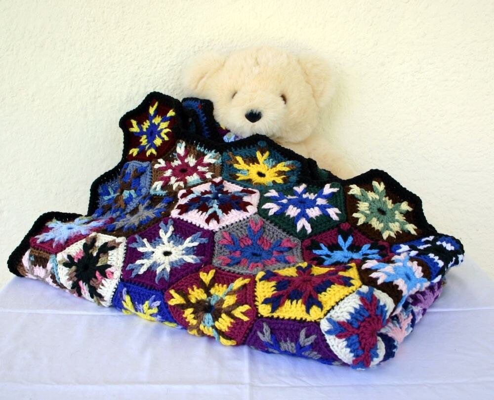Crochet scrap yarn afghan colorful throw granny square blanket Etsy