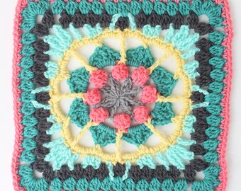 Framed Tulip Wheel granny square PDF crochet PATTERN 12 inch afghan block motif circle center cables front post stitches popcorns flower