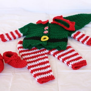 Baby elf costume 0 to 3 month crocheted infant Christmas suit red white green holiday hat boots jacket pants layette photography prop