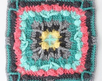 Tulip Garden granny square PDF crochet PATTERN 12 inch afghan block motif cables front back post stitches popcorns