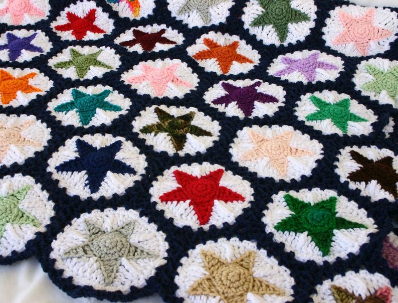 Crochet stars afghan navy blue white colorful couch throw blanket kid bedding child scrap yarn hexagons granny square home decor green red image 2