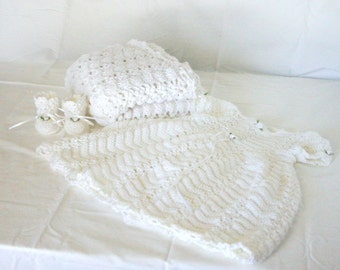 Newborn girl Christening set crochet layette white blessing dress blanket afghan booties shoes baby infant clothing special occasion lacy