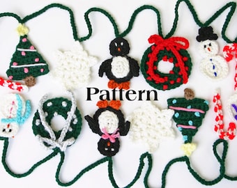 Christmas garland PDF crochet PATTERN winter decoration pengiun wreath snowman candy cane snowflake tree seasonal home decor hanging accent