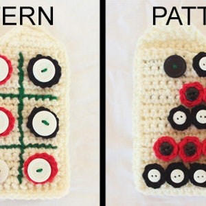 May include: Two crocheted tic-tac-toe boards with different button arrangements. The board on the left has red and black buttons, while the board on the right has red, black, and white buttons. Both boards have the word "PATTERN" printed above them.