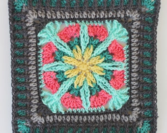 Double Framed Flower granny square PDF crochet PATTERN 12 inch afghan block motif circle center cables loops front post stitches
