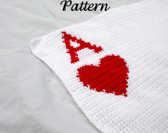 Ace of Hearts afghan PDF crochet PATTERN red white throw blanket Valentine poker card neutral home decor coverlet washable fun