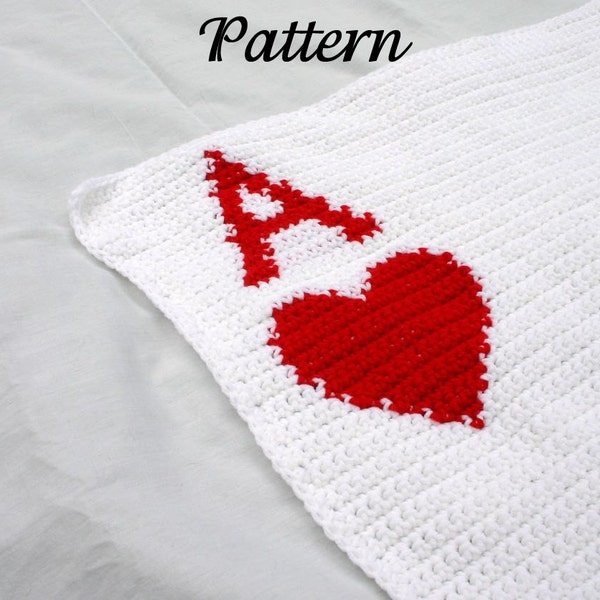 Ace of Hearts afghan PDF crochet PATTERN red white throw blanket Valentine poker card neutral home decor coverlet washable fun