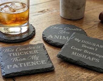 Engraved Slate Coaster Set, Rustic Bar Decor, Funny Joke Drink Coasters