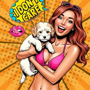 Bikini Babe with Pup – Vibrant Pop Art Girl Print, Retro Wall Art, Fun & Flirty Pet Lover Decor