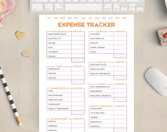 Puede incluir: Un rastreador de gastos imprimible con categorías para gastos fijos, compras, alimentos, transporte, entretenimiento, atención médica, acondicionamiento físico, familia y educación, y una sección de resumen. El rastreador está diseñado para ayudar a las personas a realizar un seguimiento de sus gastos y presupuestos.