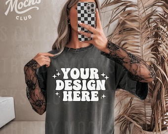 Comfort Colors 1717 Pepper Shirt Oversized Mock Up CC1717 Grunge Mockups Edgy Rocker Model Mock Up Western Boho Aesthetic White Cowgirl Boot