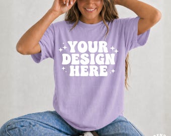 Comfort Colors Orchid Mockup Shirt C1717 Purple Mockup Oversized Lifestyle Mockup Model Mock Simple Minimal Untucked Shirt Sporty Aesthetic