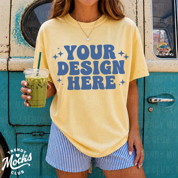Comfort Colors 1717 Butter Shirt Mockup Yellow C1717 T-Shirt Mock-up Real Model Lifestyle Photo Summer Streetwear POD Template Striped Mock
