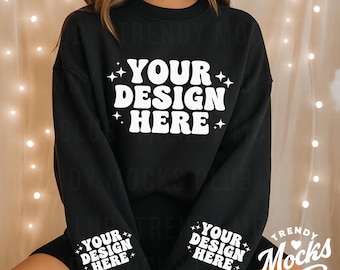 Black Sweatshirt Sleeve Mockup Gildan 18000 black Crewneck Left Sleeve and Right Sleeve Mock Model Mockup Trendy Oversized Sweater Mockups