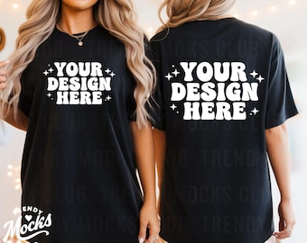 Front and Back Black Shirt Comfort Colors 1717 Mockup Trendy Oversized Shirt Bachelorette Mockup Western Boho Tshirt Dress Front Back View