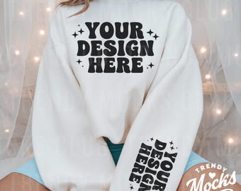 Gildan 18000 White Sweatshirt Sleeve Mockup White Crewneck Left Sleeve Mockup Model Mock Simple Sleeve Mockup Bridal Mockup Bachelorette