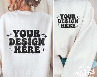 Gildan 18000 Felpa bianca Tasca posteriore Mockup Girocollo bianco Vista posteriore Mockup Modello alla moda Mock Tasca Mockup Sposa Mockup Addio al nubilato