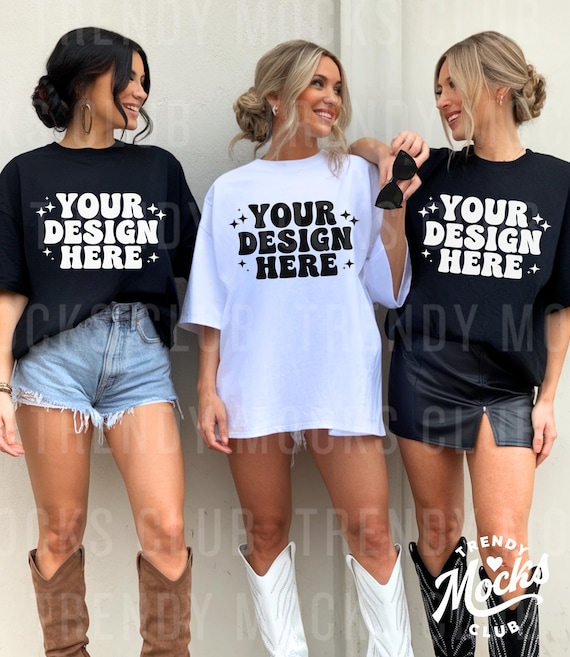 Bachelorette Mockup Comfort Colors C1717 White & Black Western Oversized Friends Mockup Group Mockup 3 Person Mockup Cowgirl Wedding Mockup
