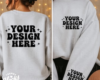 Gildan 18000 Ash Grey Sweatshirt Front & Back View Mockup Front Pocket Design Mock G180 Grey Crewneck Split Model Trendy Oversized Sweater