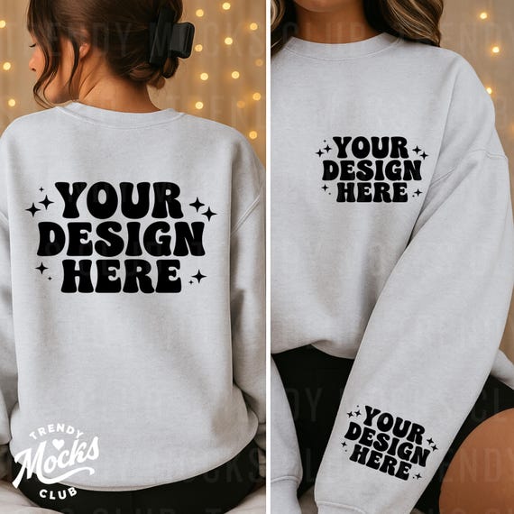 Gildan 18000 Ash Grey Sweatshirt Front & Back View Mockup Front Pocket Design Mock G180 Grey Crewneck Split Model Trendy Oversized Sweater