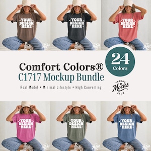May include: A mockup bundle featuring Comfort Colors C1717 t-shirts in various colors. Each shirt displays the text "YOUR DESIGN HERE". The image includes a model wearing the shirts, with the text "24 Colors" and "Trendy Mocks Club".