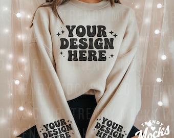 Sand Sweatshirt Sleeve Mockup Gildan 18000 Sand Crewneck Left Sleeve and Right Sleeve Mock Model Mockup Trendy Oversized Sweater Mockups