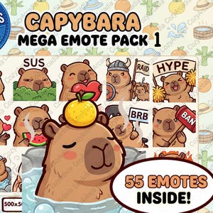 Pack de 55 emoticonos de capibara para Twitch / Emojis de animales acogedores para Discord / Emoticonos de VTuber Streamers / Capibara chibi adorable