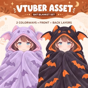 Op de afbeelding: Een digitale illustratie van een VTuber-asset met een vleermuisdekenset in twee kleurvarianten, voor- en achterlagen. De ene deken is lichtpaars met donkerpaarse vleermuizen, de andere is zwart met oranje vleermuizen, beide met capuchonoren.