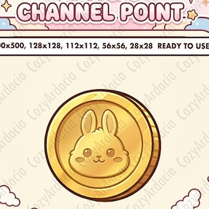 Pode incluir: Uma moeda de ouro com um design de coelho fofo no centro, rodeada por uma borda decorativa com corações, estrelas e laços. O texto "BUNNY CHANNEL POINT" está no topo, com opções de tamanho abaixo. Pronto para usar!