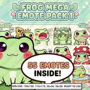Puede incluir: Gráfico de arte digital con una colección de emoticonos de ranas de dibujos animados. Los emoticonos muestran varias expresiones y actividades, incluyendo una rana con corona, una rana comiendo palomitas de maíz y una rana en una bañera. El texto dice "FROG MEGA EMOTE PACK 1" y "55 EMOTES INSIDE!"