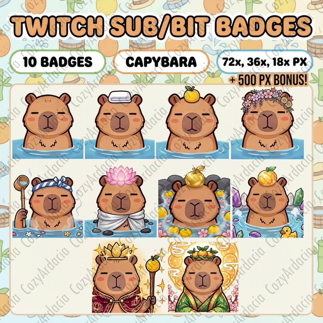 Capybara Twitch Sub Badges | Kawaii Streamer Graphics | Yuzu Spa Emotes ...