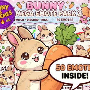 50 Bunny Mega Emote Pack 2 | Cute Chibi Rabbit Emotes for Twitch, Discord, Kick | Meme Streamer Emotes